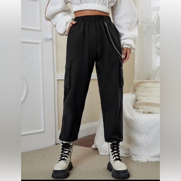 . Pants - Women’s Chain Detail Flap Pocket Black Cargo Pants